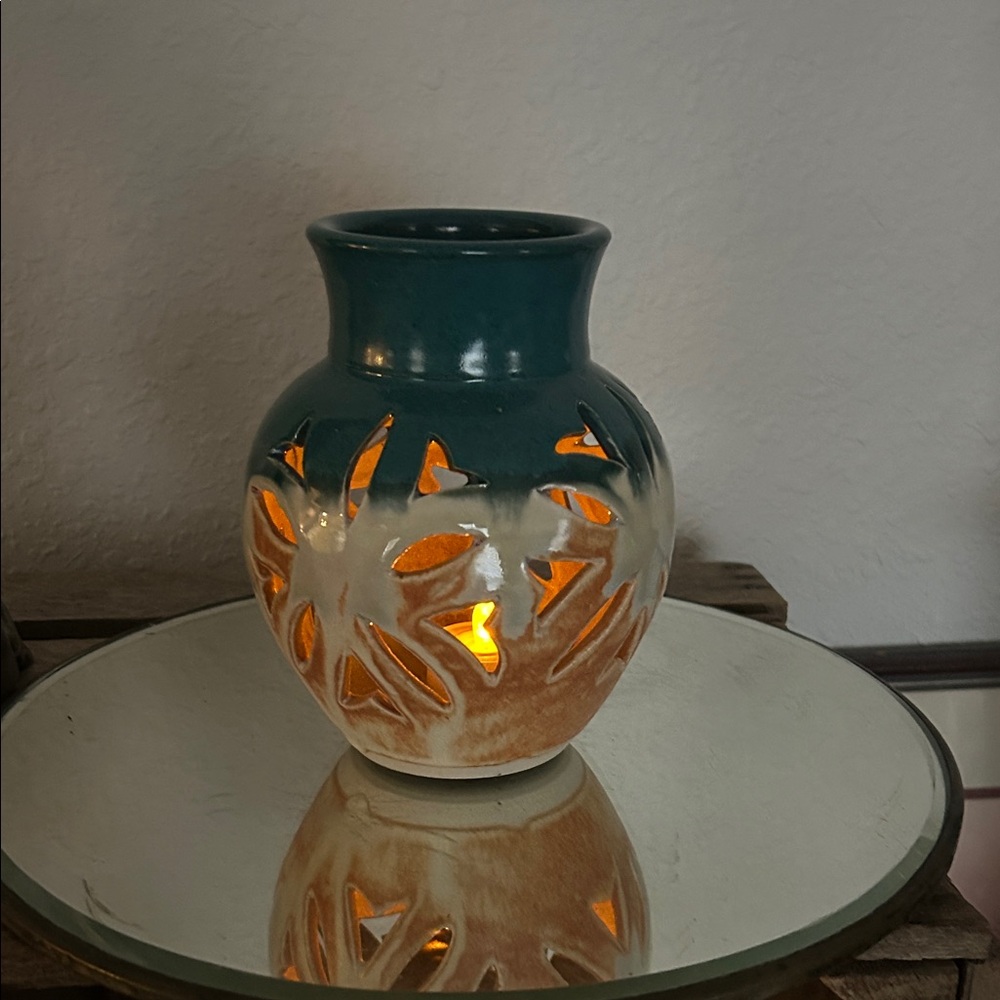 Hand Crafted pottery Candle Holder Luminary Green & Tan Cottage Core